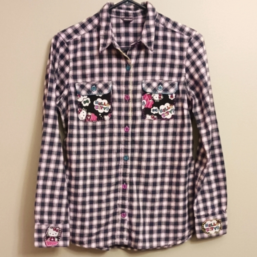 Hand Crafted Customized Plaid American Eagle "Hello Kitty" Shirt